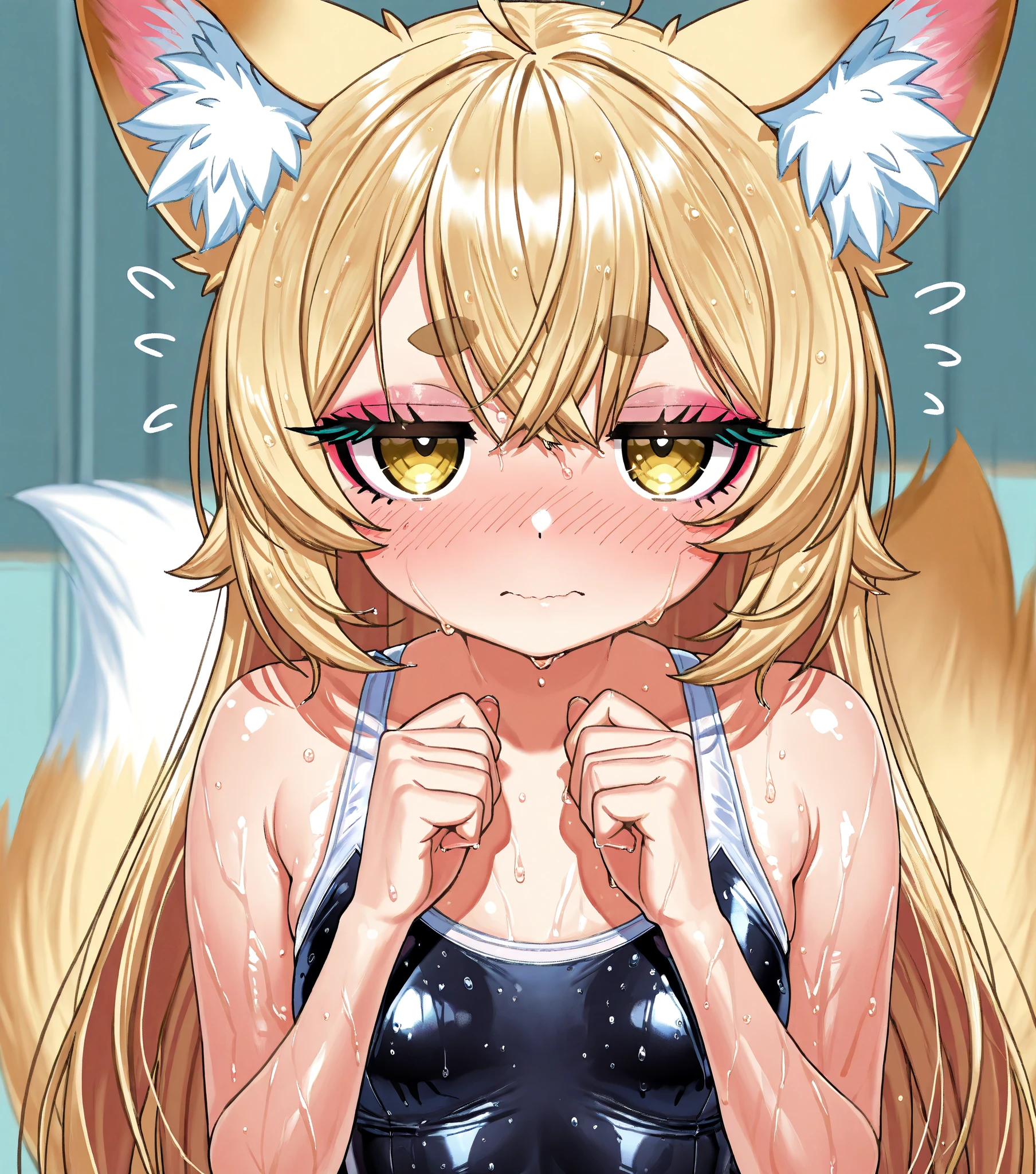 score_9,score_8_up,score_7_up,rating_explicit,
1girl,suzuran,closed mouth,green eyes,,animal ear fluff,blonde hair,multiple tails,fox tail,straddling,(cat lingerie:1.1),spread legs,bedroom,,sit on flaccid penis, sperm flows out of penis, pov, blush, nose blush, ears blush, @_@, leaning forward