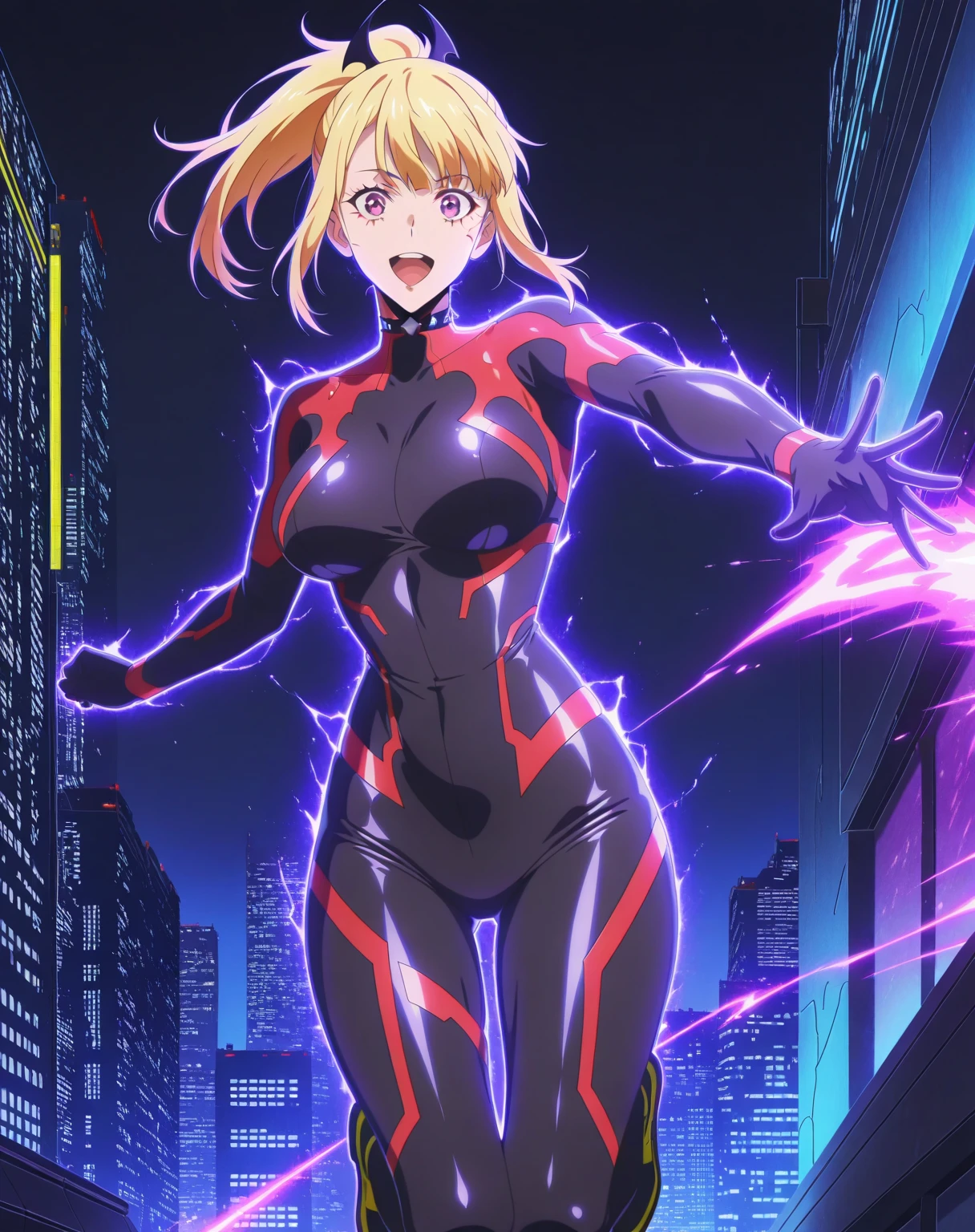 Night city、skyscraper jump、Vibrant poses、Colossal tits、gargantuan butt、spark of light、evil smile、I have a wad of money、rubbersuit、Multiple people、a blond、Pink hair、black hair tattoo on forehead、Tattoo of a heart、Eye highlights are gone、Evil Organizations、Pubic hair shows through