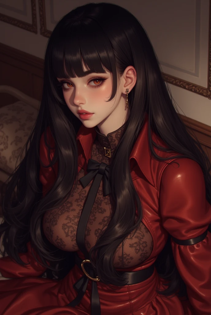(best quality,4K,8k,mackerel,masterpiece:1.2),very detailed,(realistic,photorealistic,photo-realistic:1.37),Hot thicc succubus mom with long black hair, Intense black lips, Wearing a revealing black leather outfit with BDSM elements.. Her attire consists of a glamorous bustier., Emphasizing her voluptuous body. Her skin is a captivating shade of fiery Red, exudes a devilish charm. A pair of majestic devil's wings gracefully sprout from her back., Sophisticated and detailed with complex patterns. on top of her head, She has enchanting tiefling horns., An example of her supernatural presence. The work must capture her captivating aura., It shows her confidence and strength. The lighting in the scene should emphasize the attractive curves of the body.., Create dramatic shadows and highlights. The color palette should evoke darkness and desire., With rich contrasting tones of black, Red, and deep maroon.