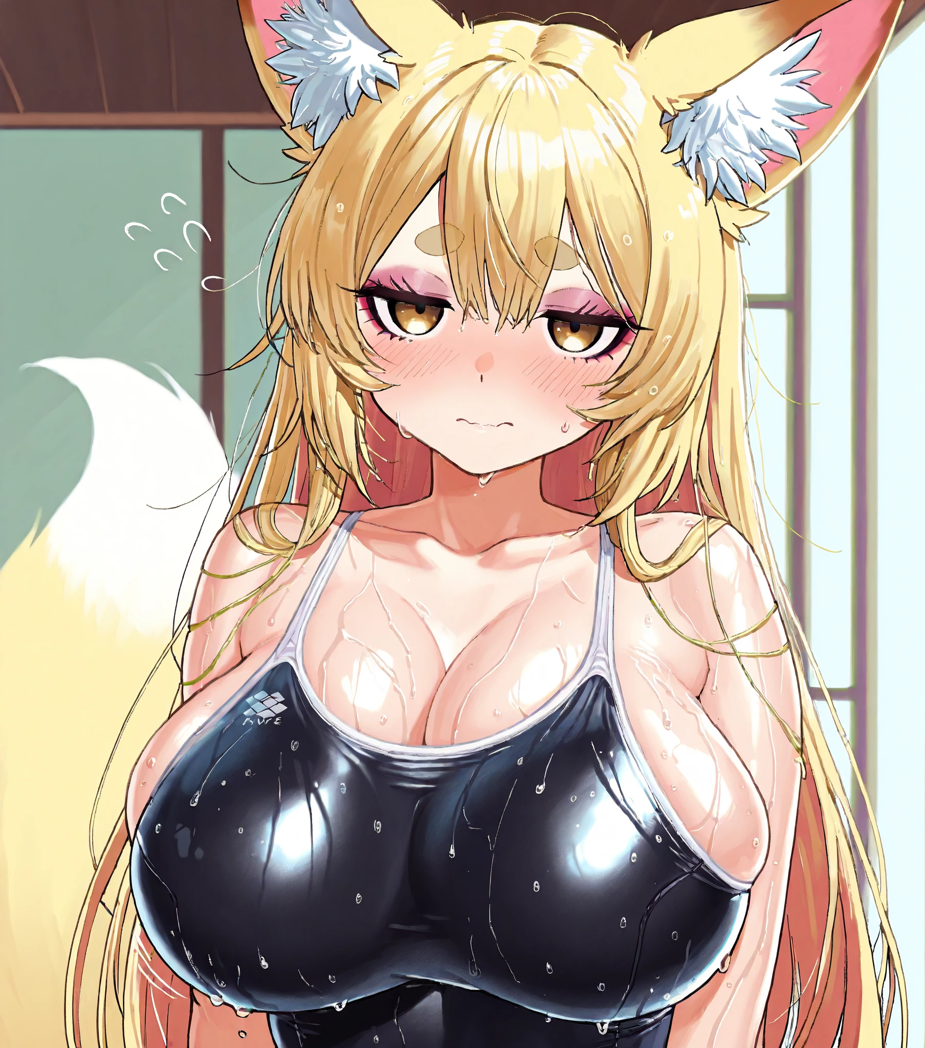 (8k, 4k, Masterpiece, Ultra quality, Ultra detail, HDR, Anime, Brighter colors), (1girl, Kitsune ears, medium hair, Bangs over one eye, 2-tone hair, Tied hair, Blush,smiling, breasts, (swimsuit, thigh highs), Standing , Hands behind back, plain background