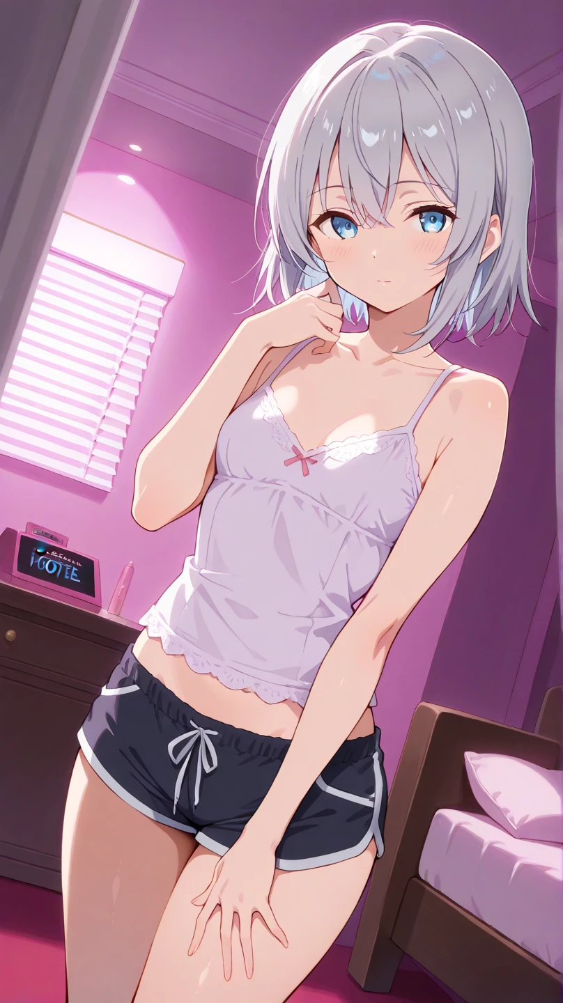 Cute girl,Short and skinny,Short hair,Sixteen.,Beautiful eyes,blushing,shamefaced,full-body picture,sexually suggestive,Blue Archives