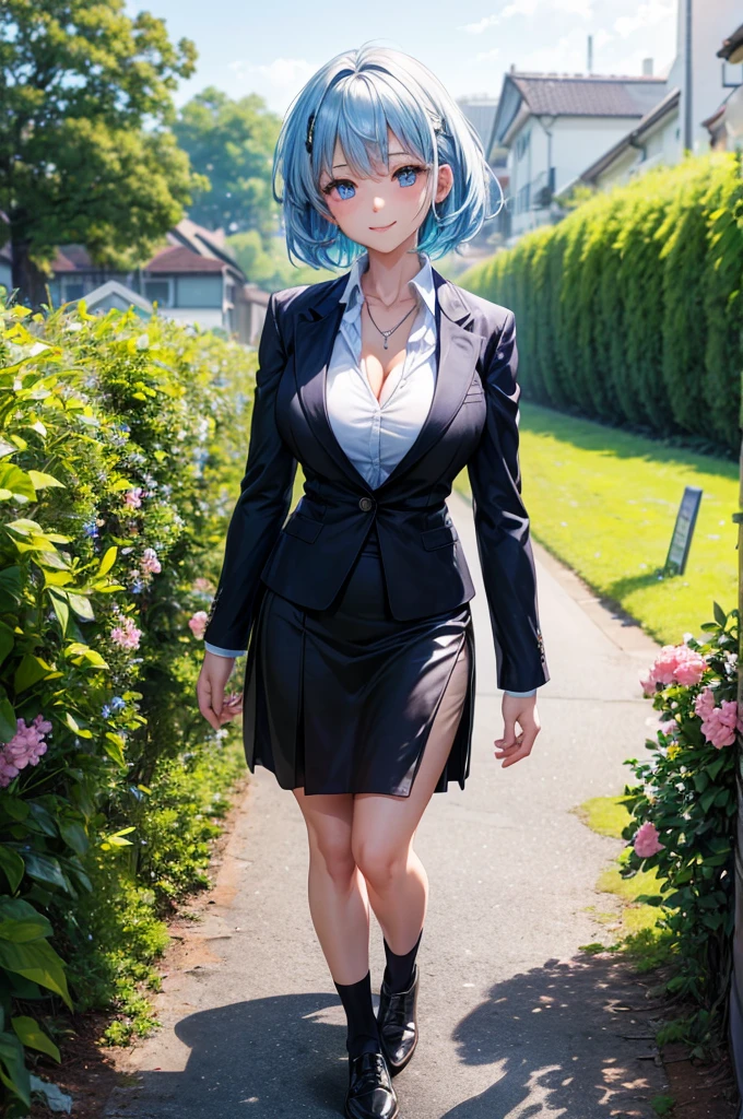 masterpiece, best quality, 1girl, ((portrait shot)), blue hair , standing  on a beach, looking at viewer, cowboy shot, suit, Miwa, <lora:fugtrup Style:0.8>,  <lora:Miwa_Kasumi-10:0.75>