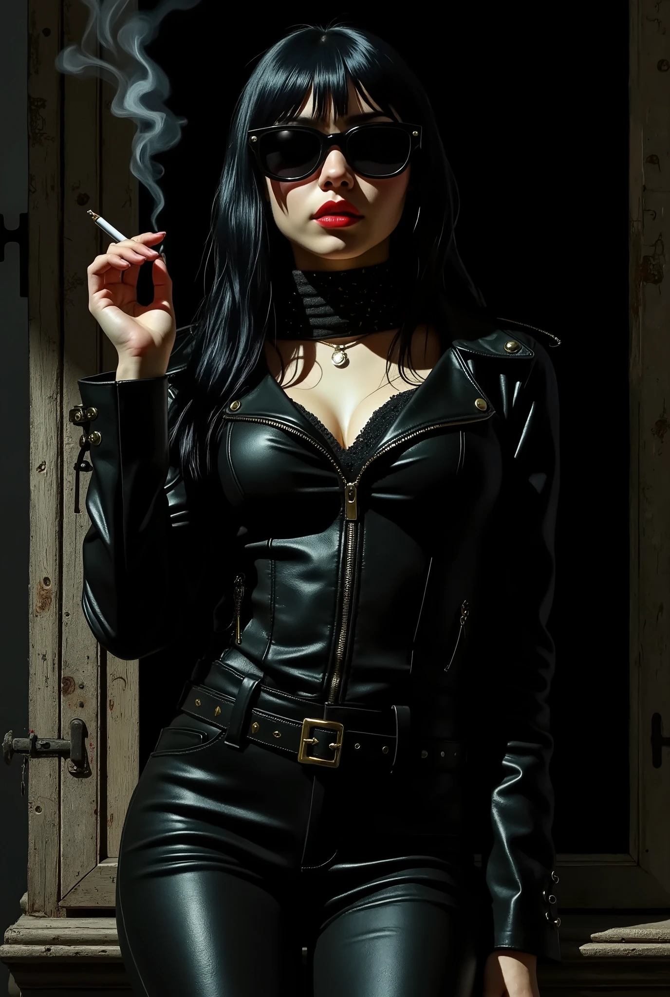 Charming stylized photograph of a mysterious young seductive woman with long straight black hair, standing in a defiant pose in deep shadow and leaning against a concrete wall. She is dressed in a timeless rocker outfit: a black leather jacket, leather trousers, a transparent T-shirt and aviator sunglasses. Her lips are bright red, and she's wearing stylish cowboy boots. Her face is hidden in the darkness, and she holds a lit cigarette in one hand. The background is black., bright, dark fantasy, poster, cinematic, photography