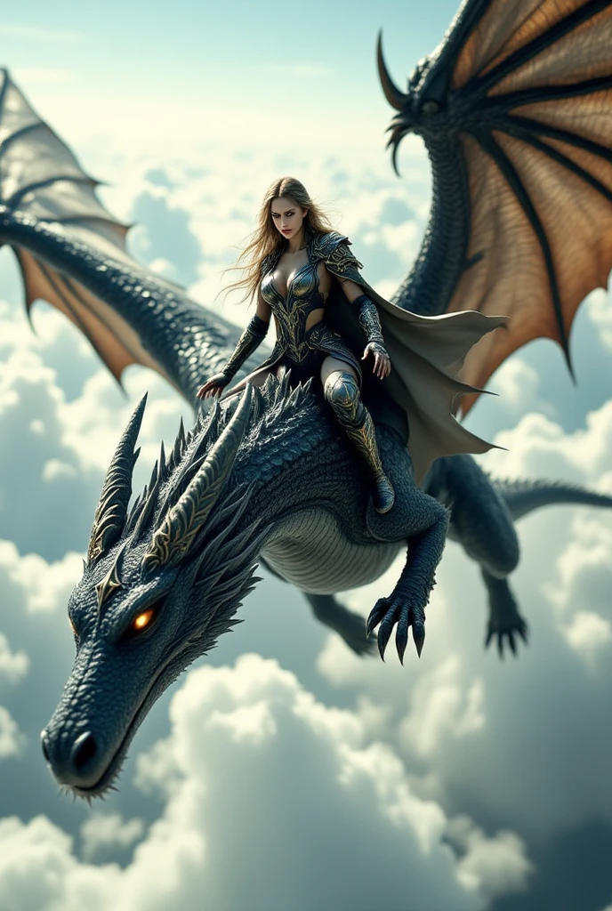 a beautiful woman with long brown hair, claire chazal, riding on the back of a majestic dragon, hyperrealistic, detailed portrait, photorealistic, ultra-detailed, 8k, best quality, dramatic lighting, cinematic, fantasy, magical, mystical, ethereal, vibrant colors, glowing eyes, ornate dragon scales, intricate dragon wings, dramatic pose, detailed clothing, medieval, fantasy landscape, moody atmosphere, dramatic lighting