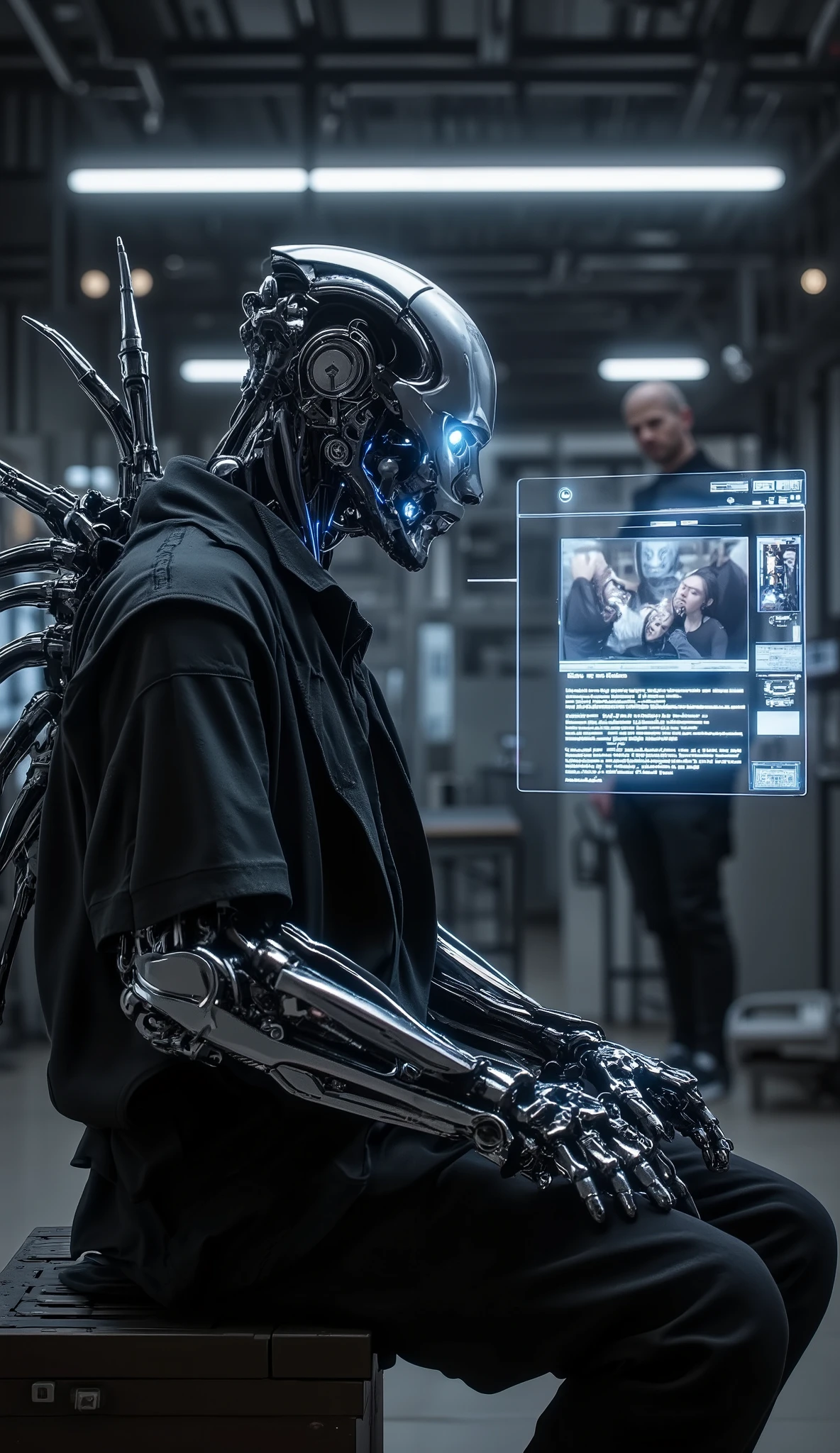 "A futuristic humanoid robot in a dimly lit cybernetic lab, sitting upright with glowing neural circuits visible beneath its synthetic skin. The robot stares at a holographic projection of a human memory — hood scenes, emotions, or a written story floating in mid-air. Its eyes glow faintly with soft blue light, expressing a sense of realization and introspection. Around the robot, advanced AI terminals and neuro-symbolic processors flicker with code and narrative sequences. Engineers observe silently through glass walls, astonished. The atmosphere is tense, quiet, as if the robot is experiencing 'narrative consciousness' for the first time — understanding identity through story. Realistic lighting, cinematic shadows, 16:9 composition, ultra-detailed, photorealistic style."