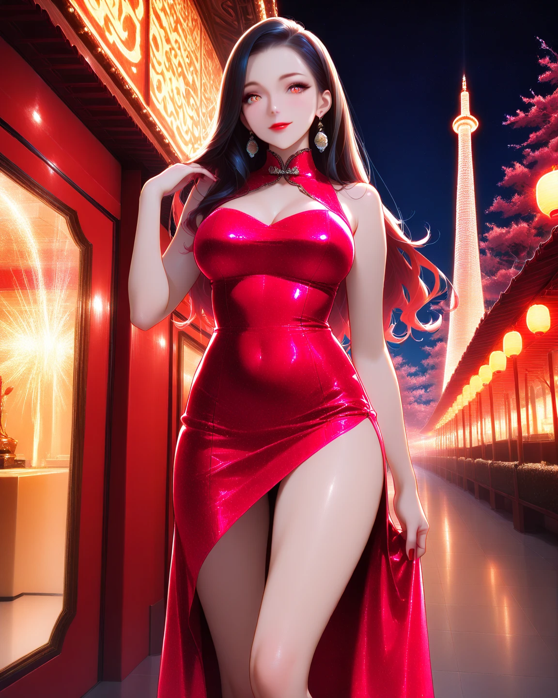 photo of a lady in a red (sheer fabrics:1.35)(loose:1.75)Cheongsam with gold detailed embroidery accents and (mini)skirt that allows freedom of movement. (see-through), ((medium saggy breasts)), chest cut-out, She also wears pantyhose and high heel, further enhancing her sexy appearance. (((erect nipple))), ((areolas)), (Korean(kpop idol)), ((puffy eyes)), in a dynamic and intense confrontation. dynamic pose. displaying her agility and dexterity. (high kick:1.25). Her long black hair floats in the wind, in a nighttime urban setting, with neon-lit streets and tall buildings in the background. The bright lights cast dramatic shadows over the fighter, highlighting their tense muscles and determined expressions, motion effects add a touch of dynamism to the scene, (nsfw:1.125)