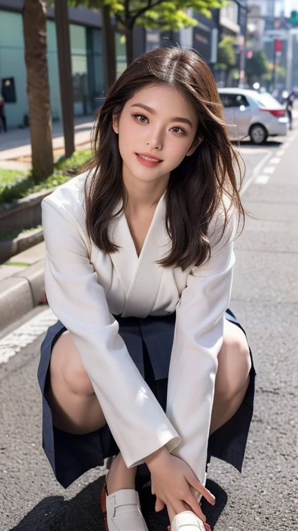 (realistic, photo realistic:1.2), ((highest quality)), pretty embarrassing, white panties, (show panties:1.4),long skirt, (Panty shot:1.pleatslong skirt:1.3), (squat:1.4), heels on the ground, legs spread slightly, Squat with your knees up,beautiful face details, real human skin, gentle expression, Front view, angle from below, realistic, photorealistic, cute, squat deep on school grounds, whole body,smile, natural smile, charming smile, long skirt,pleats,raise one leg,white shirt,black jacket,Hold down the skirt,