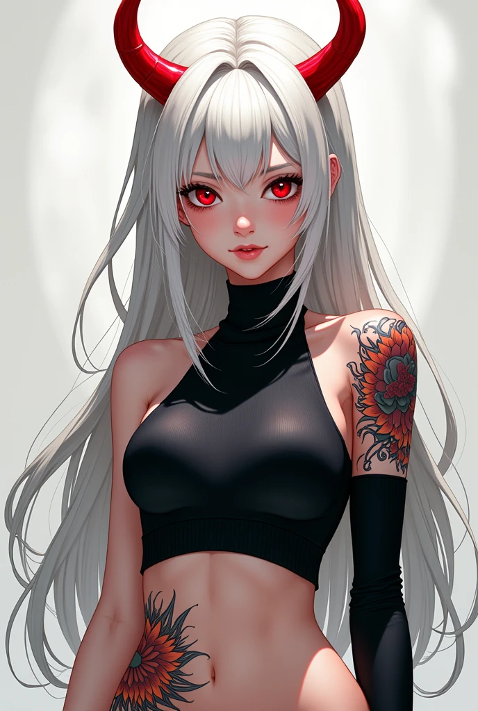 (highest quality:1.2, Very detailed, up to date, Vibrant, Ultra-high resolution, High Contrast, masterpiece:1.2, highest quality, Best aesthetics), Portraiture、girl, (solo), singer、Rock Music、medium wave hair、(red hair and white hair:1.3), ((streaked hair:1.6)), highlights hair: 1.5, red eyes, slim body, medium breast, (tan skin:1.1), look far away, Bright colors、Beautiful fine details、Beautiful lip detail、Edgy Style、(black Skirt-style-bikini)、loose fit, pointing finger, Dynamic Movement、hypnotic sounds、vocal, (Floral Fineline tattoo design on left arm:1), (cowboy-shot), (No background:1.4), ((Plain white background:1.3)),