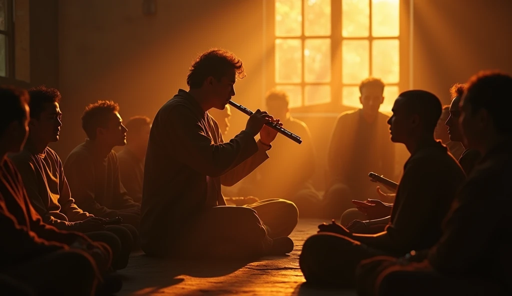 Generate a photo of krishan
Sitting on the earth and play flute
With plan black background
Age is 20 years