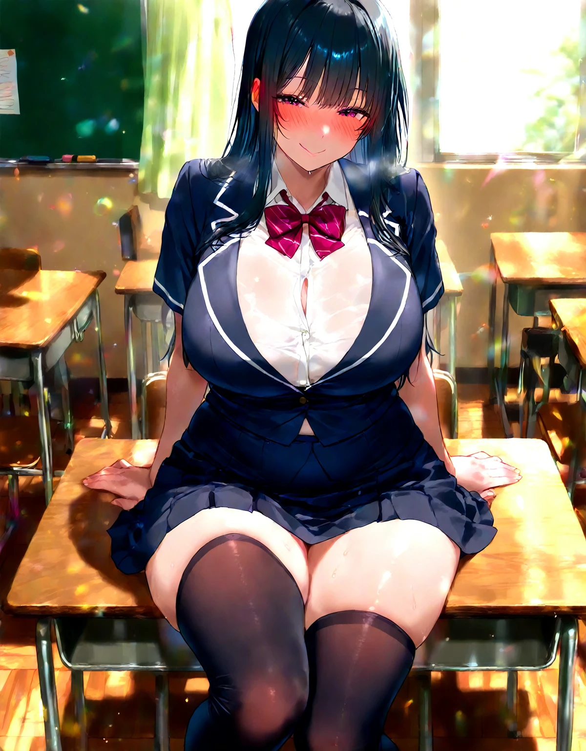 (Highest quality)), ((masterpiece)), (detailed), Perfect Anatomy，nsfw，Very sexy，A married woman full of sex appeal，Full Body Shot，One Woman, Baby Face，Full Body Shot，A 28-year-old married woman，((Highest quality, 8k, masterpiece: 1.3, One beautiful woman)), Big Breasts，Slender figure，Beautiful body lines，Thin arms，Curved waist，Thin legs，Beautiful fingers，Navy blue suit，short tight skirt of dark blue color,，White open-collar shirt，((Wide open shirt 1.8))，(((Cleavage 1.8)))，A pose that emphasizes the chest，Natural Light，School classroom，Women are teachers，Long black hair，Straight Hair，Beautiful shiny hair，Big eyes，Beautiful Eyes，Beautiful double eyelids，Dark Eyes，The look of temptation，((M-shaped leg spread 1.9，Sit with legs apart 1.8))，Sit at a desk，White panties，Sweaty cleavage，Virgin Killer，Woman tied up behind her back，Woman blindfolded in black，A body that can&#39;t move freely，Sexy body，Wet clothes，Wet Hair，Wet body，