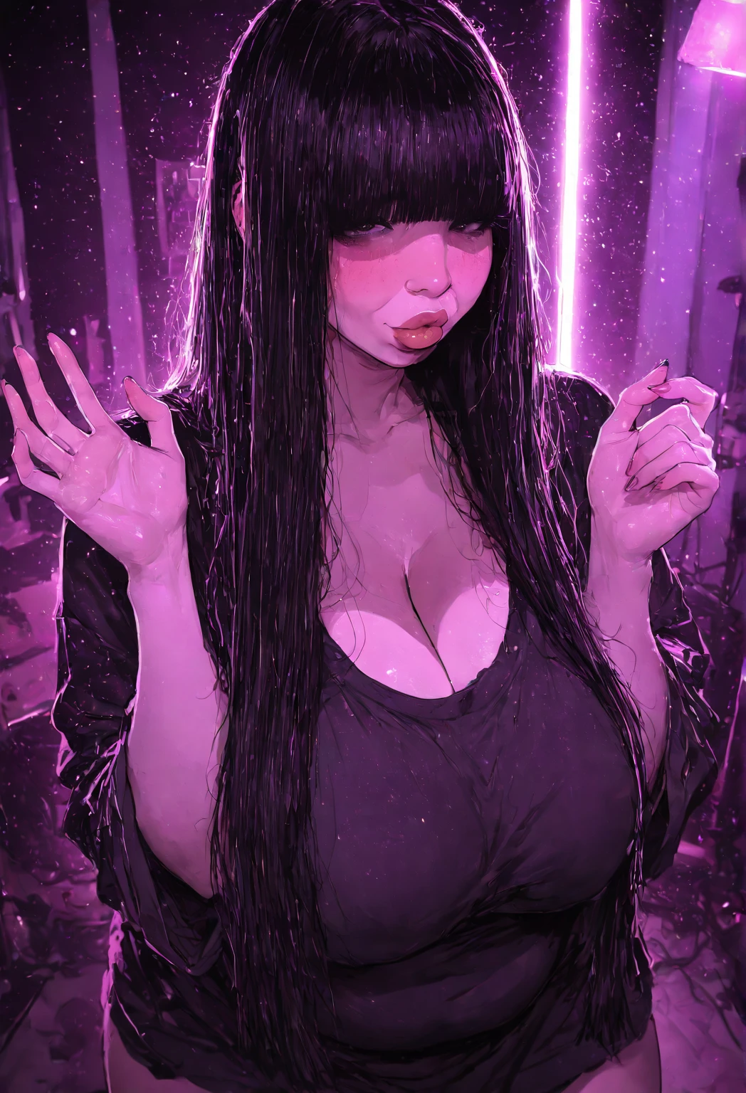 Best quality at best,tmasterpiece,8K,detailed detail,hyper-high detail,1个Giant Breast Girl((Naked)). sexy smile , beautiful eyes. in clouds of smoke,(flowing smoot:1.5),Flying hair,(Colored smoke:1.5),Smoke body,Raise both hands,Particle light effects,The air is filled with smoke,The body passes through the clouds,