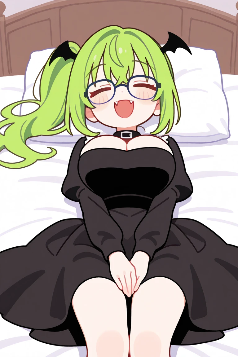 Tatsumaki, 1 girl, 18 years old, short whavy hair, dark green hair, very big breast, white skin, red cheeks convex areolas, red lips, black micro dress, facing at spectator, pain, sweating, very open mouth, laying in a bed, closed eyes, very open legs, Inside a apartment, night time.