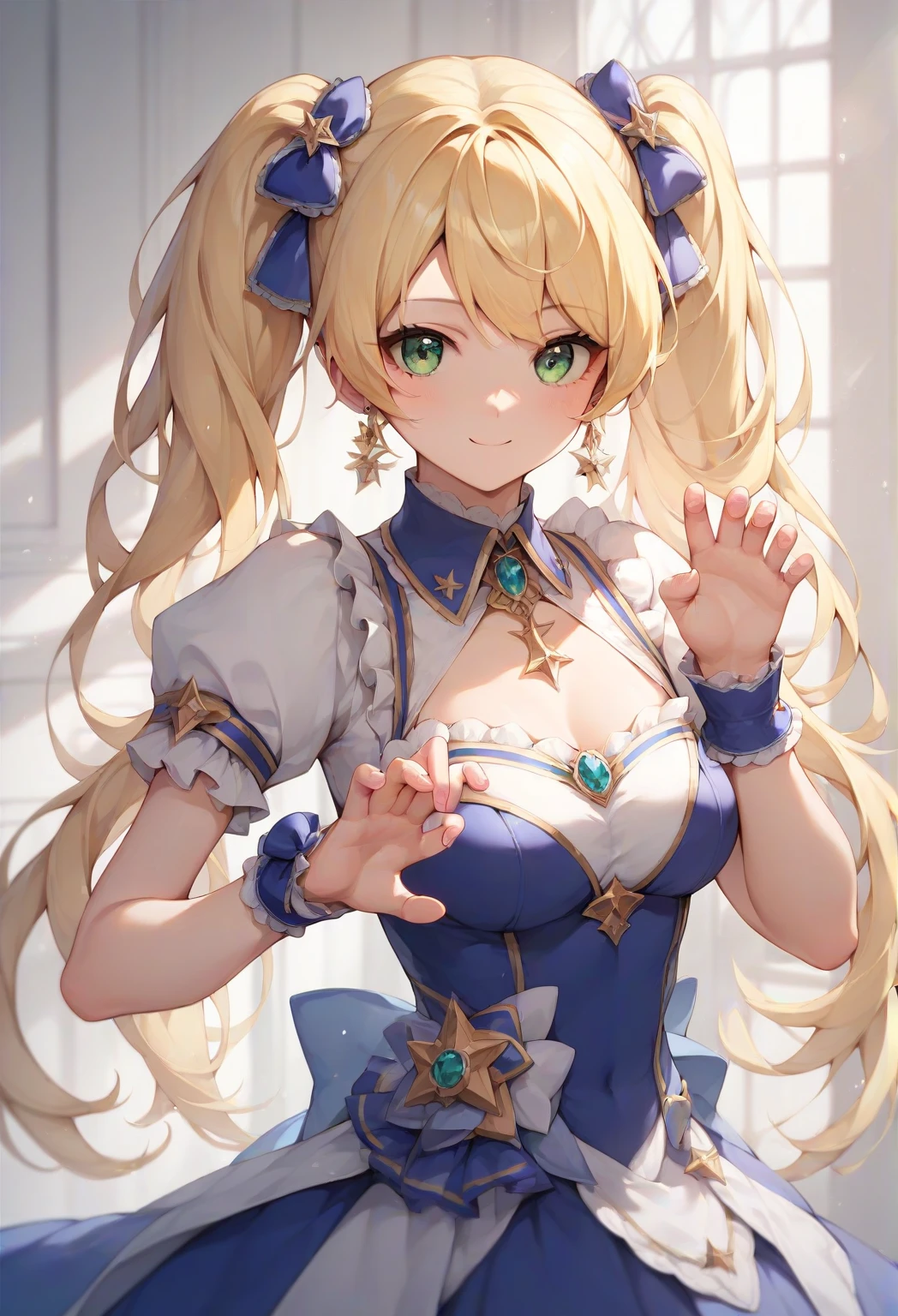 Anime style, super fine illustration, super clear illustration, highly detailed, beautiful detailed, super pale tone image, super delicate illustration, super calm & static image, static representation, gentle expression, happy expression, 8k, pretty 1girl with blonde straight short hair & blue eyes & a bright smile & huge breasts & nipples & soft fair skin is wearing the reggae dancer costume, on the stage, solo, complete fingers, perfect fingers, perfect arms, perfect legs, masterpiece.