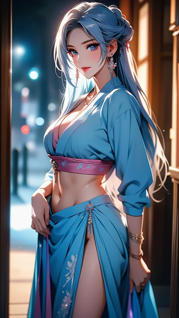 (masterpiece:1.2), (Best quality at best:1.2), perfect eyes, perfect face, 1 Girl, Alone, 8K, Best Quality, large breast,(Detailed description of hair), (Detailed description of face),(Detailed description of body), fair and clear skin, matchless beauty, long legged, (30 years old),facing the audience, professional photographic lighting, dusk(arknights), horns, pointy ears, sky blue hair, light purple eyes, dragon horns, (dark blue colored painting all over upper arm and hand: 1.2), blue arm and hand skin, floral blue cheongsam, dark blue dragon tail, mountain top, sleeveless, (black bondage around arm: 1.2), drinking, tipsy ssmile