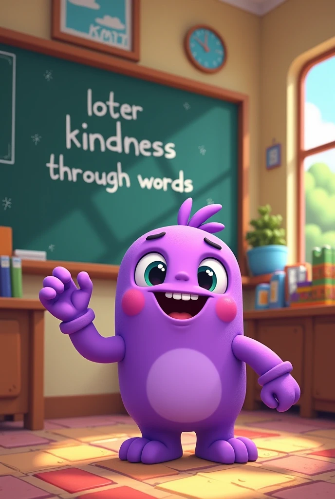 cinematic photo of in an institutional setting, a classroom of amazed toddlers excitedly gather around Grimace, their teacher looks on in adoration, 35mm photograph, film, bokeh, professional, 4k, highly detailed, , <lora:PE_Grimace_v1.0:0.75>