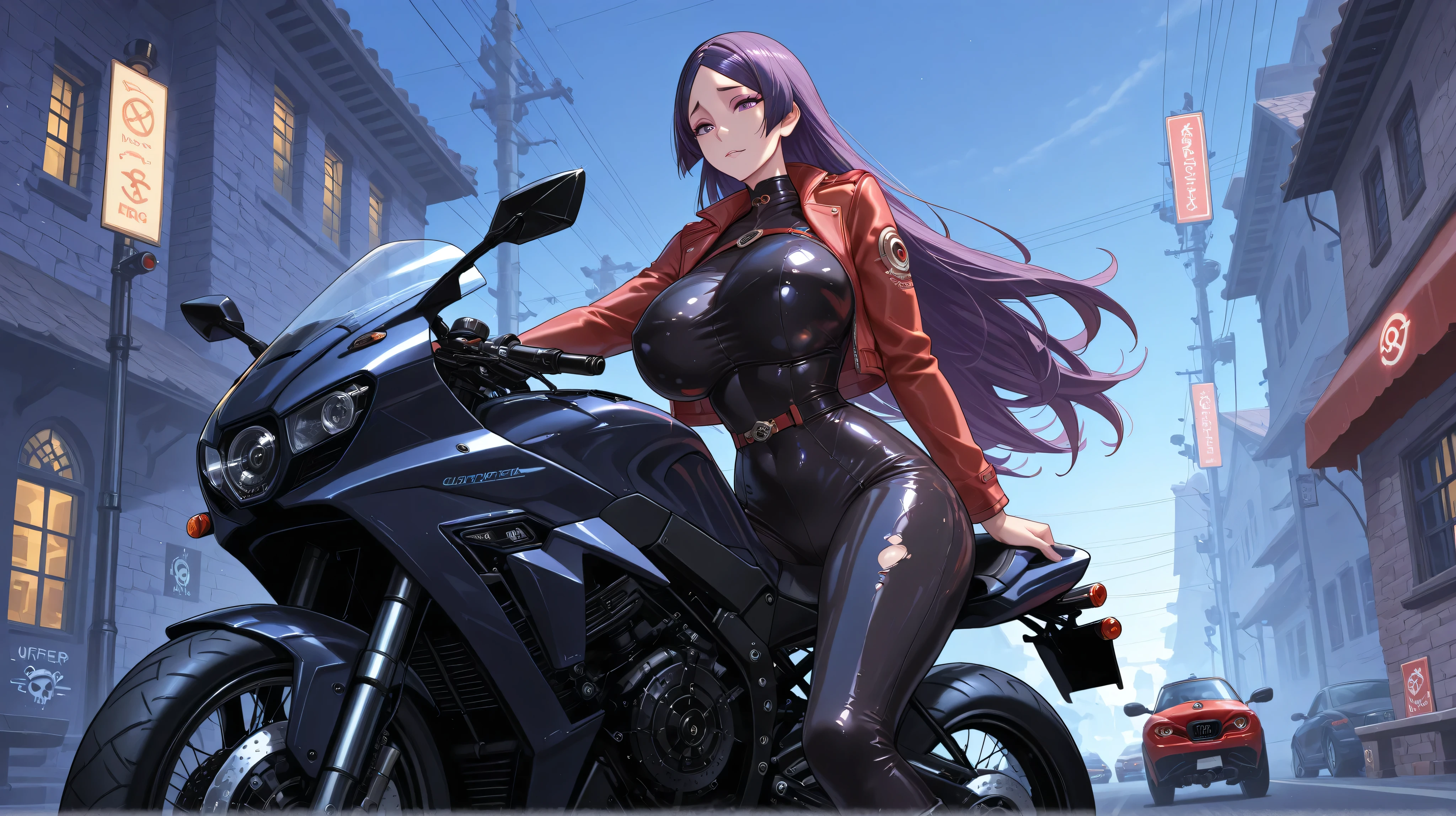 1 girl, dark blue hair, messy hair, long hair, light yellow eyes, small eyes, mature face, dropping eyes, big breasts, cameltoe, blurry background, erect nipples, blush, smile, earrings, ((pubic hair)), skirt lift, light smile, black high heel, tall statue, night, see-through, no panties, light makeup, full body, micro mini skirt, pencil skirt, police uniform, garter belt, skyscrapers, taxi, police officer cap, handcuff, fishnet tights, gloves, squatting, sit astride a motorbike, motorcycle
