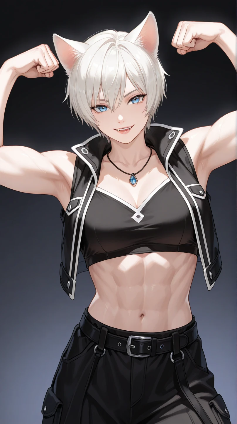 Anime boy in black sports bra and white shorts, Anime boy with short silver hair, the pose(Arms up + Happy), Anime boy with white hair, Gapmoe Yandere, with index finger, Rogue Anime Boy, Seductive Anime Boy, Charming anime boys, Sweaty skin!!, anime moe art style