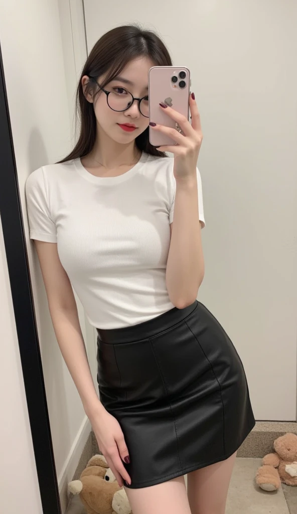 short straight hair, light brown eyes, white skin, black sunglasses