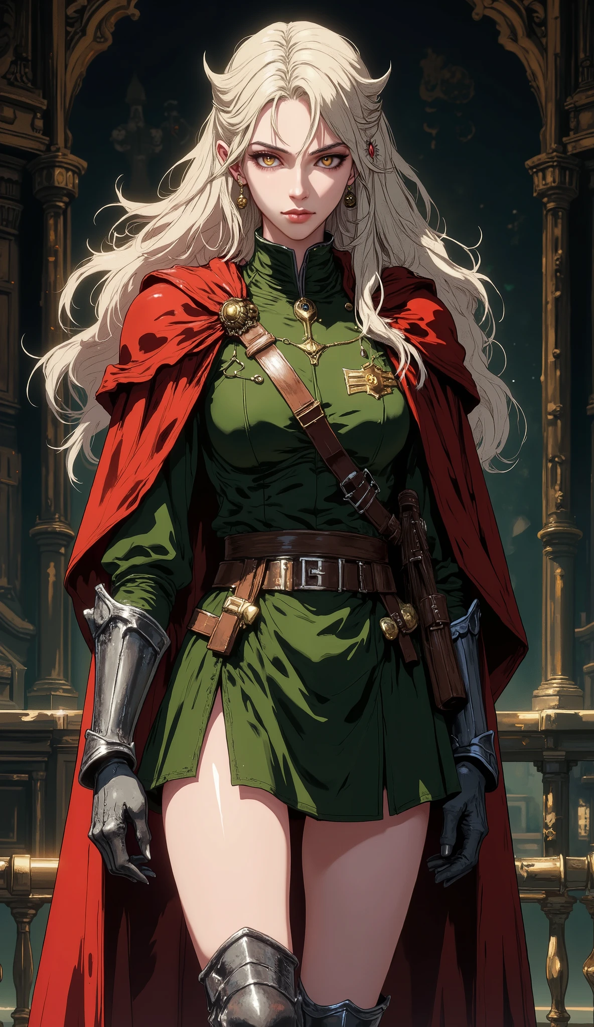 A young woman, platinum blonde long hair with choppy bangs, elegant crescent eyebrows, sharp piercing eyes, a refined oval face conveying a stern and serious expression. She is adorned in a fantasy-style green military officer's uniform with a matching short skirt, a crimson waist-length cape flowing behind her. Her legs are clad in leather long boots featuring silver greaves. One hand rests firmly on her hip as she confidently tilts her head upwards, gazing down at the viewer. Full body shot. Fantasy imperial female officer. Cinematic still from a 90s high-fantasy film, dramatic lighting, highly detailed, intricate costume design, professional quality, exquisite, precise, creative.