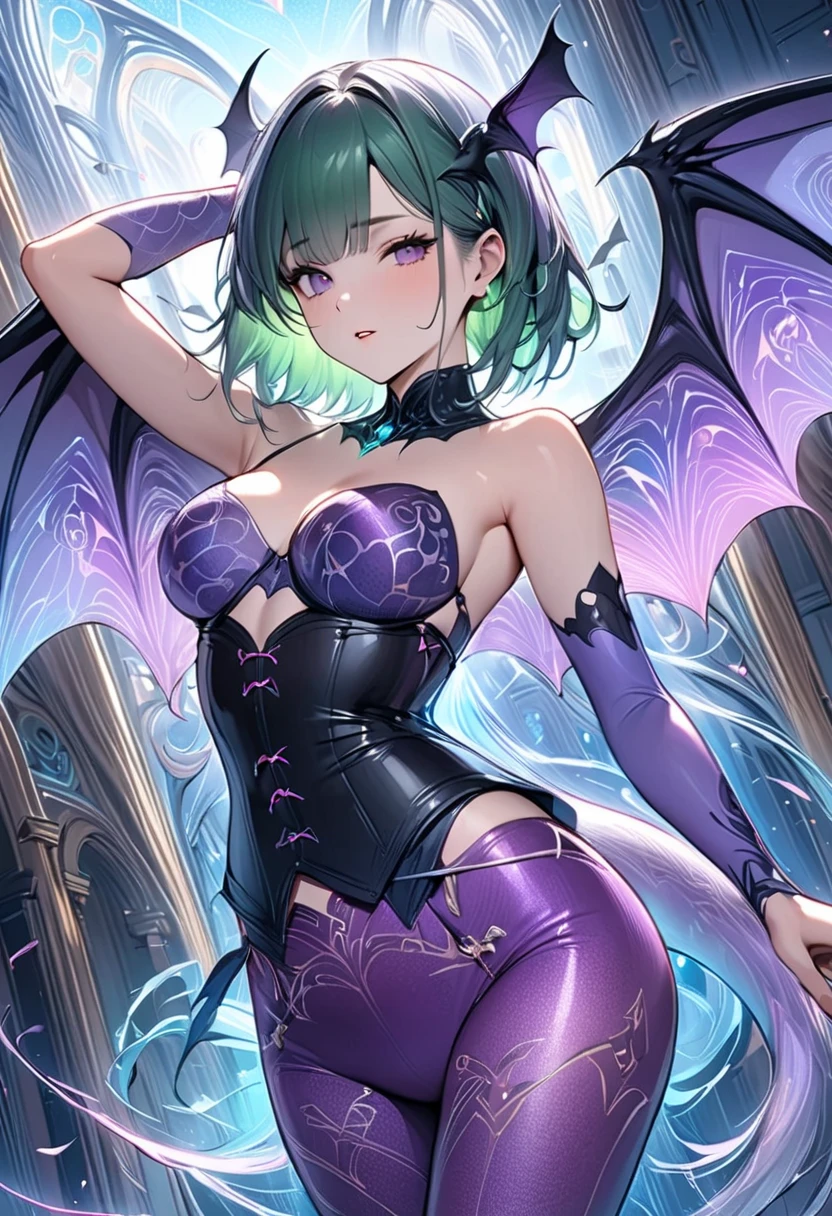 A cute woman is an evil elf (ivory skin, violet hair, violet eyes, extremely small sexy outfit, daggers in hand) she is in a menacing sexy stance, dungeon
