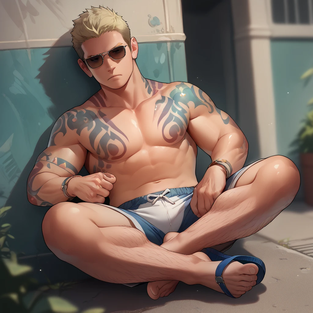 (เด็กชาย 1 คน,เป็นผู้ชาย),หนุ่มอนิเมะกล้ามโตในยิม, facial expression like masturbation, 1boy, bikini, Tight muscles, Broad shoulders, Handsome and old, Tiny underwear, Sexy, sex, Guy, Gay, Sea, jacket, sunglasses, boy, floral bikini, bright white hair, tight leg muscles, big Cook, Big muscles, Asian guy, Sit with your knees raised,