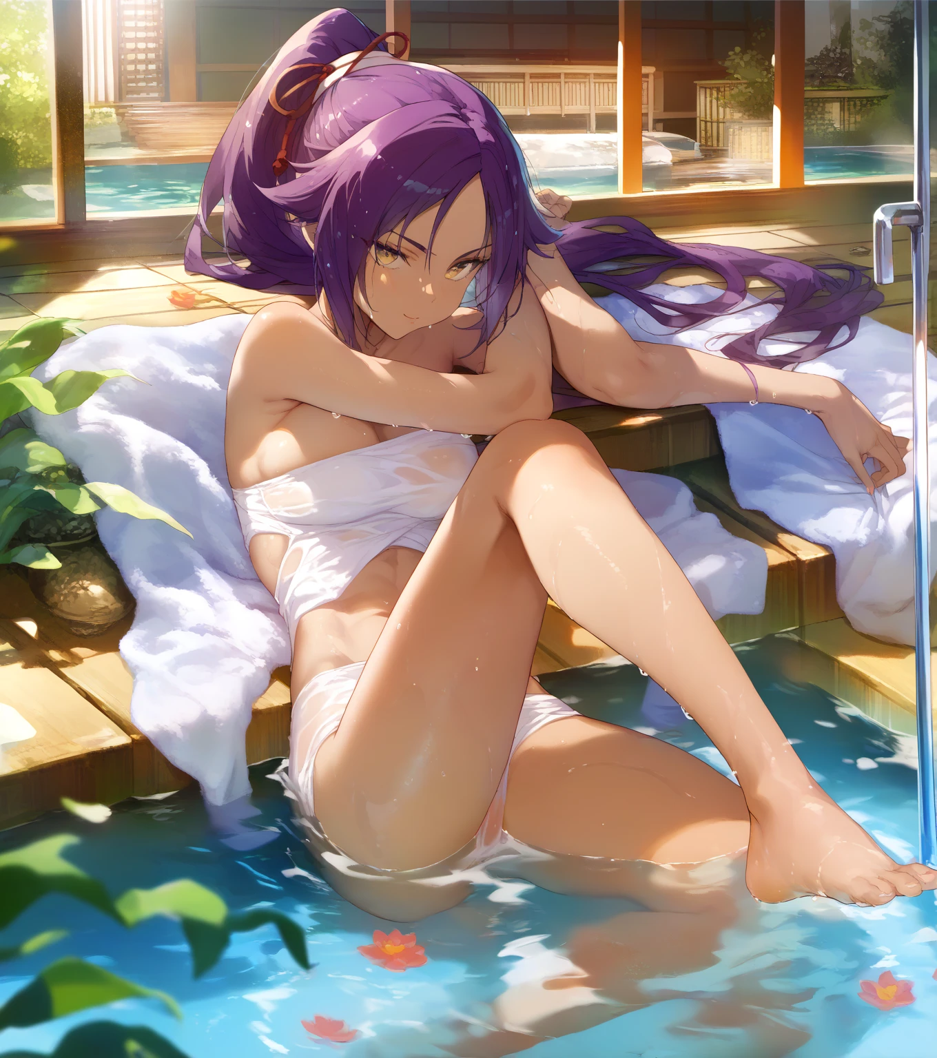 anime girl long purple hair, soak in a hot spring,{{Wrapped in a bath towel}}. she has pointy ears. Manga kawaii. iridescent ,An illustration