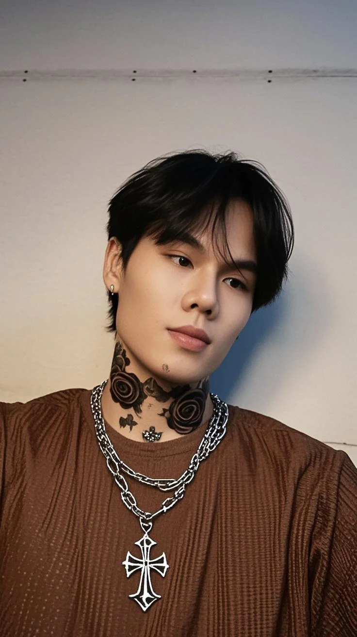 fit man with a tattoo on his chest and a chain around his neck, cute japanese demon boy, cai xukun, taejune kim, taken at the beginning of 2020, Hong junho hyung, hyung tae, homem sul-coreano, com tatuagem facial, Yanjun Chengt, com o mesmo penteado, Jinyoung Shin, inspirado em Zhu Da, asian features