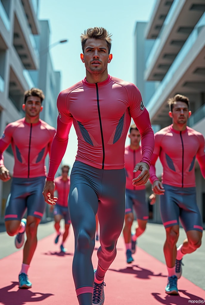 Generate an image of the power rangers, all men, These are tall muscular, and they are posing super sexy in thongs of the color that defines each one of them. There must be 6 characters : a red power ranger, one blue, one yellow, a green one, one pink and one black