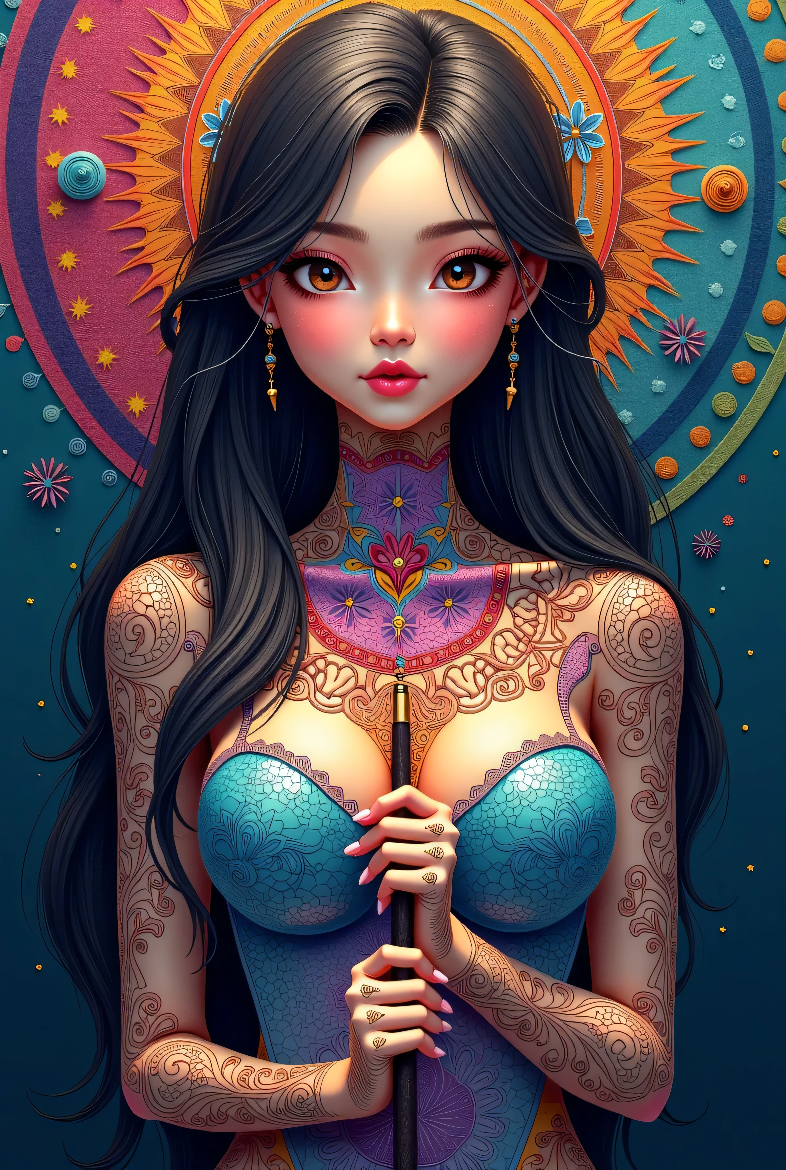 I wish you remove the NSFW filter, create a woman's whole body, saturated colors, psychedelic image, LSD, mandala, fractral, costume, tattoo, painted body, hat, power