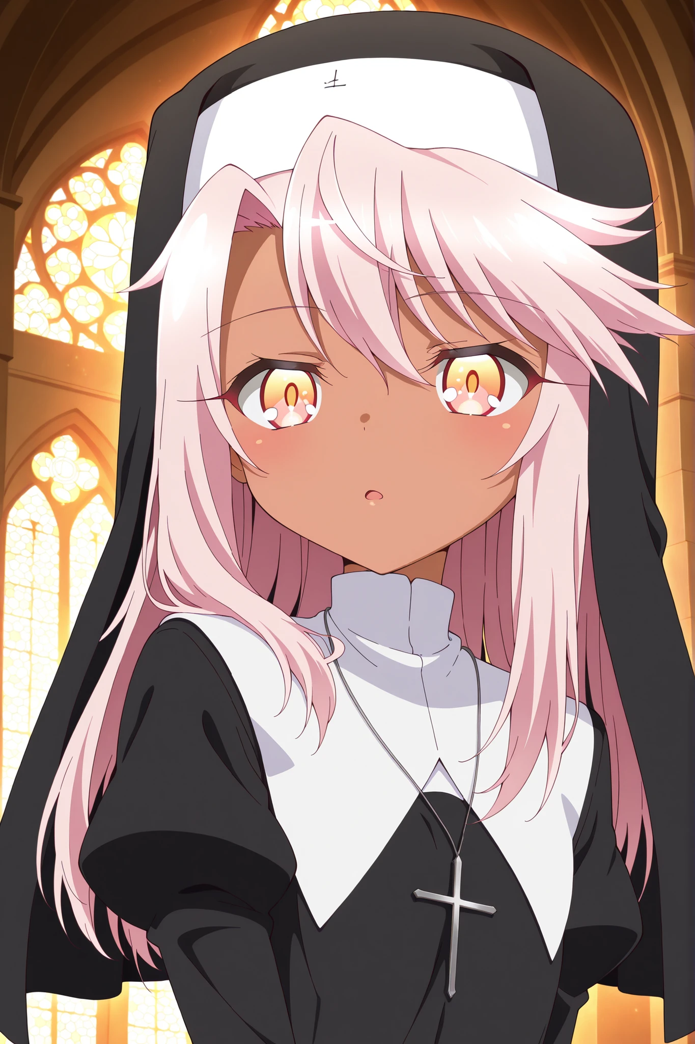 masterpiece, best quality, amazing quality, absurdres, highres,(anime screencap:1.4),solo, 1girl,chloe von einzbern,dark skin, pink hair,orange eyes, medium hair,nun,church,indoor