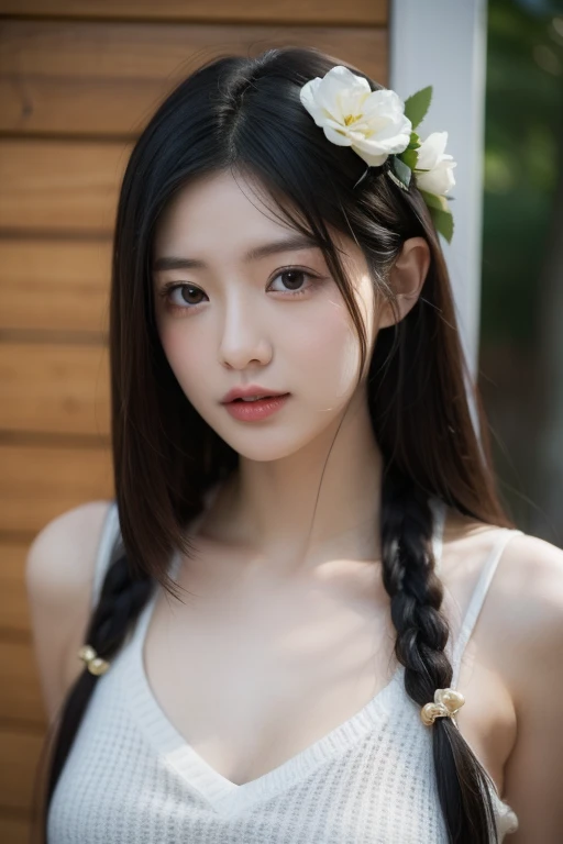best quality, 8k, Traditional beauty,Young girl,Chinese skirt,shorts,white shirt,Casual clothes, Highly detailed facial and skin textures, delicate eyes, Just one person,Chinese girl,The costumes are detailed and complete,medium breasts, Super detailed black braids,ponytail,Cinema lighting,smile for camera, (Alice and fashion:1.1),Petit Trianon Garden and Farmhouse,,slim body,Soft light and shadow,The proportions of the characters are reasonable,Normal human eyes,Eyes are delicately drawn,Delicate facial details,Detailed sculpting of upper body,Attention to detail,The texture is delicate,vivid emotional description,meticulous detail。