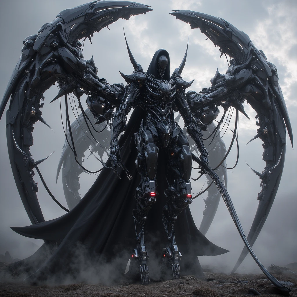 A skeletal monstrosity cloaked in tattered robes, its bones fused with sharp, metallic implements. The Bone Harvester is digging up graves in an ancient, fog-covered graveyard, surrounded by grotesque bone sculptures