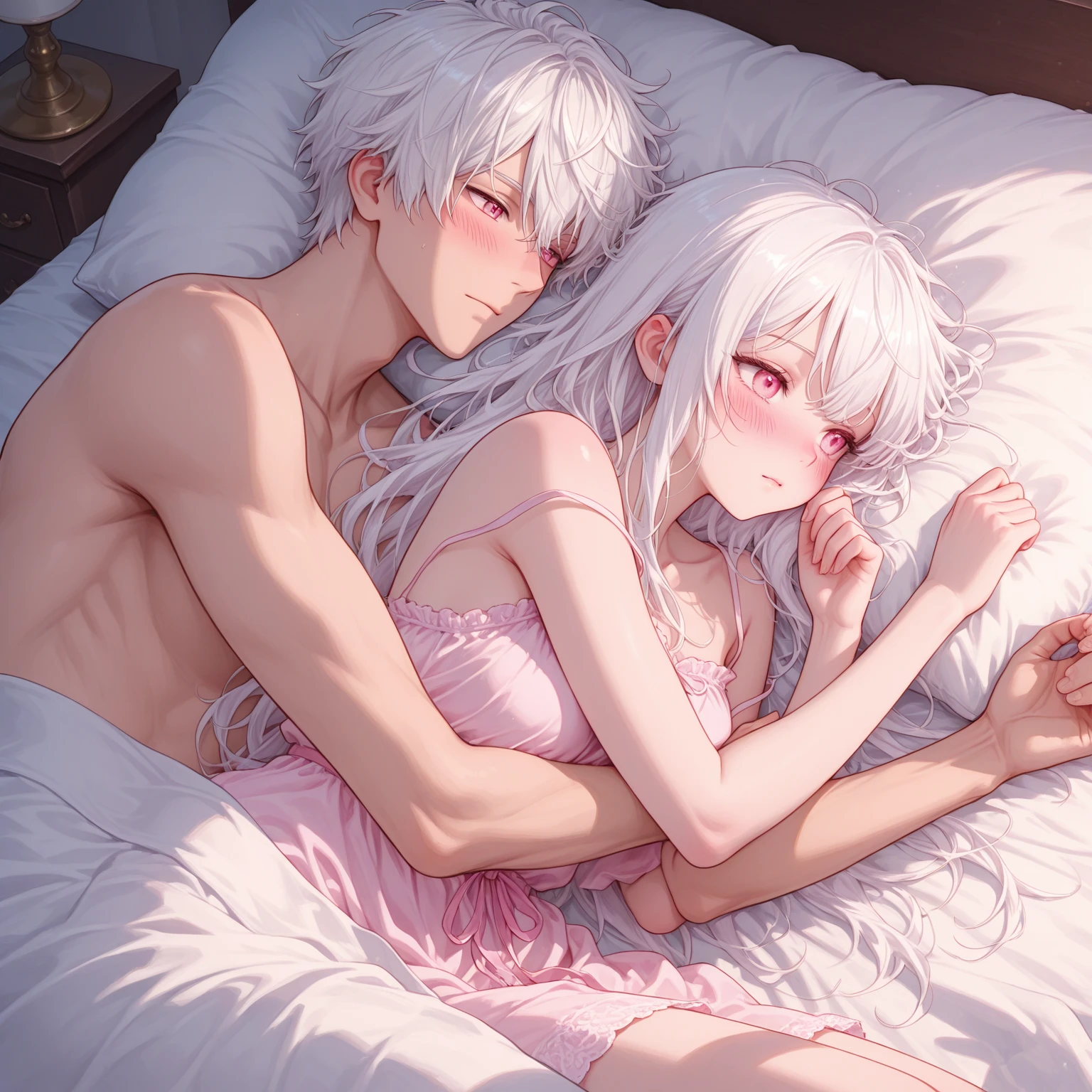 White hair, medium sized breast, 19 years old, white bikini, on bed, white bed, bedroom, sleeping, laying, 1 girl, 1 boy, white skin, white haired girl, white haired boy, closed eyes, 2 hands, 2 arms, abs for boy, sister and brother, 1 girl and boy, hugging