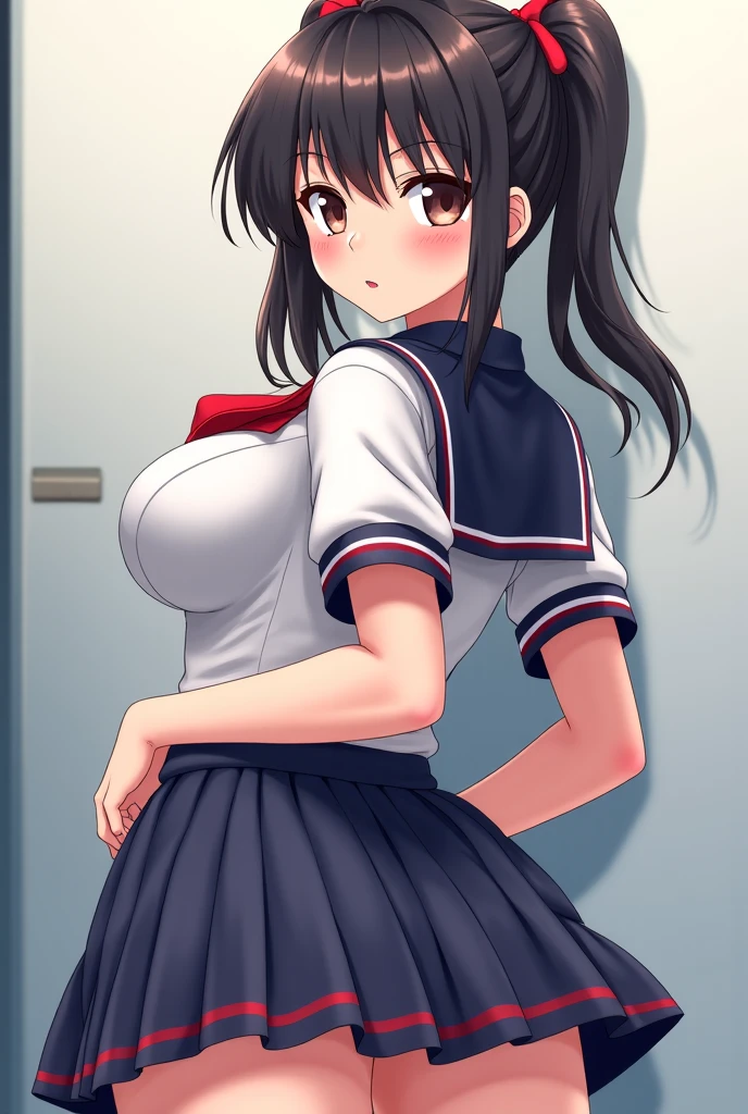 highest quality,wonderful,finely,extremely detailed CG Unity 8K wallpaper, (sex from behind:1.2), (1 girl, black hair,twin tails, clothed),(huge breasts:1.1),(sailor suit:1.3), (zettai ryouiki:1.4)