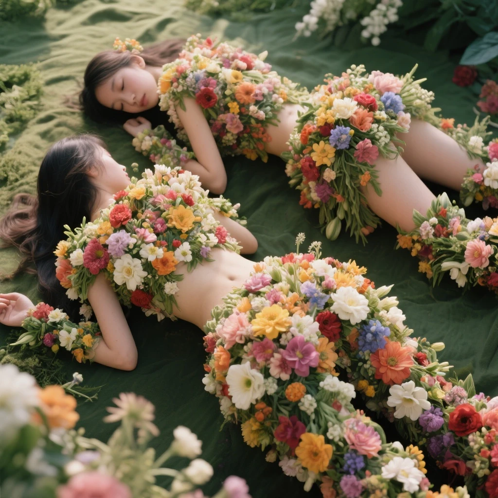 Barefoot,standing in flower field,((Flowers)),plant，vines,(((close-up on legs))), From above(angle of view),(No shoes),thigh gap,Perfect anatomy,