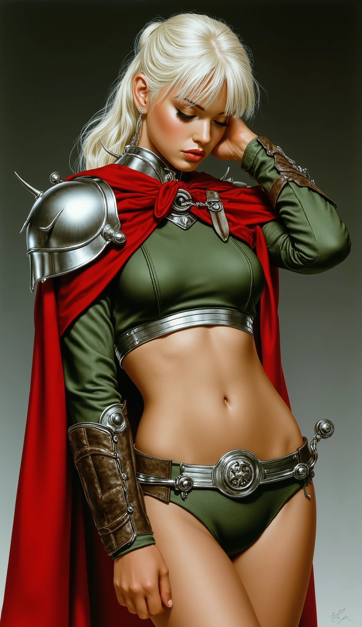 A young woman with platinum blonde long hair and choppy bangs, crescent moon eyebrows, sharp eyes, delicate oval face with a serious expression. She is wearing a fantasy-style green military uniform with a matching short skirt, a crimson waist-length cloak, and leather boots with silver greaves. One hand is on her hip, her head is tilted up, looking down at the front. Fantasy imperial female officer, 90s fantasy movie still.