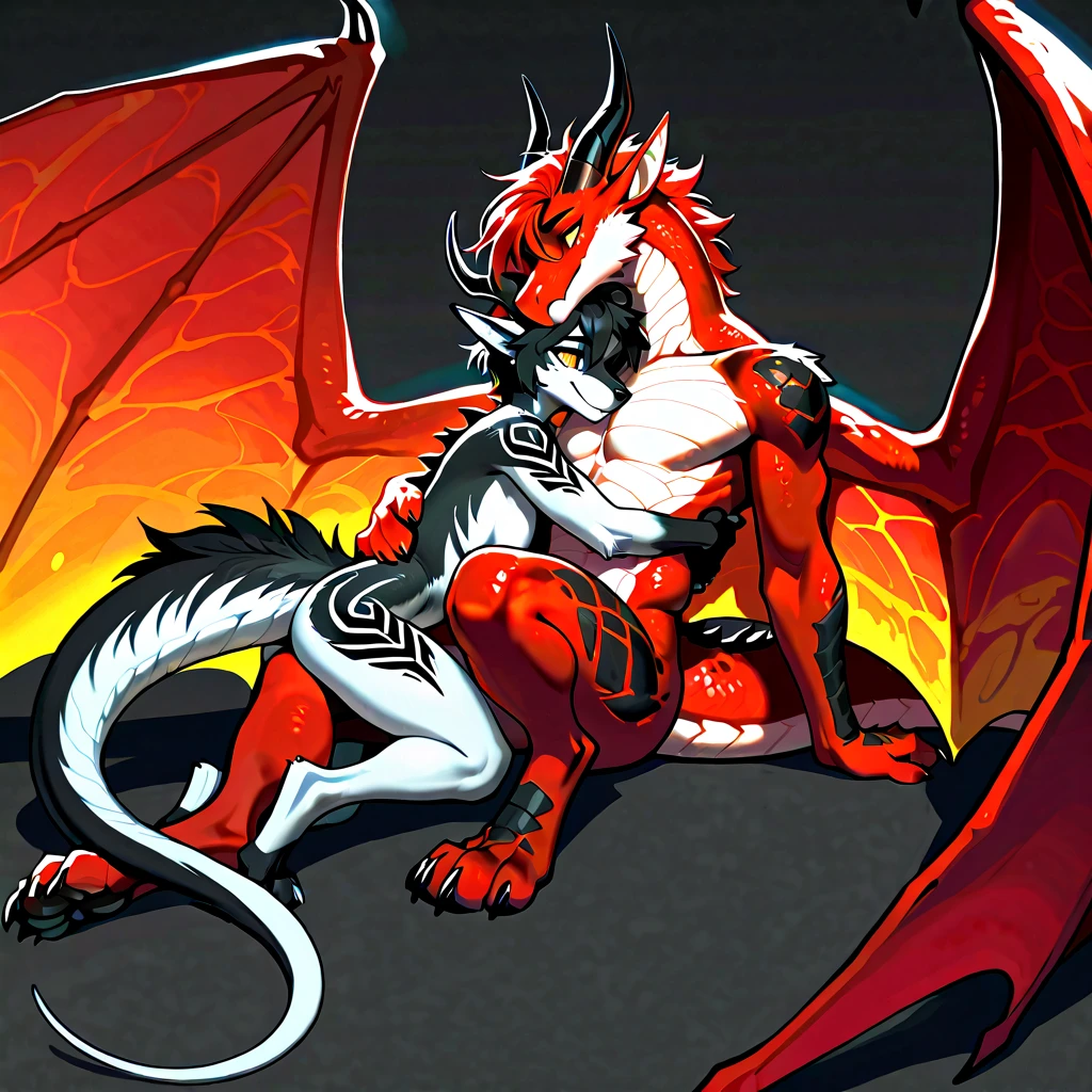 Duo, twins, Score_9, score_8_up, (an anthro dragon male, tall, athletic body, black and red dragon male, (black and red scaley body):1.3, black dragon, red eyes, naked), lying on abed, on his back, sex, cowgirl position sex, a female is straddling him, female is on top fucking him 