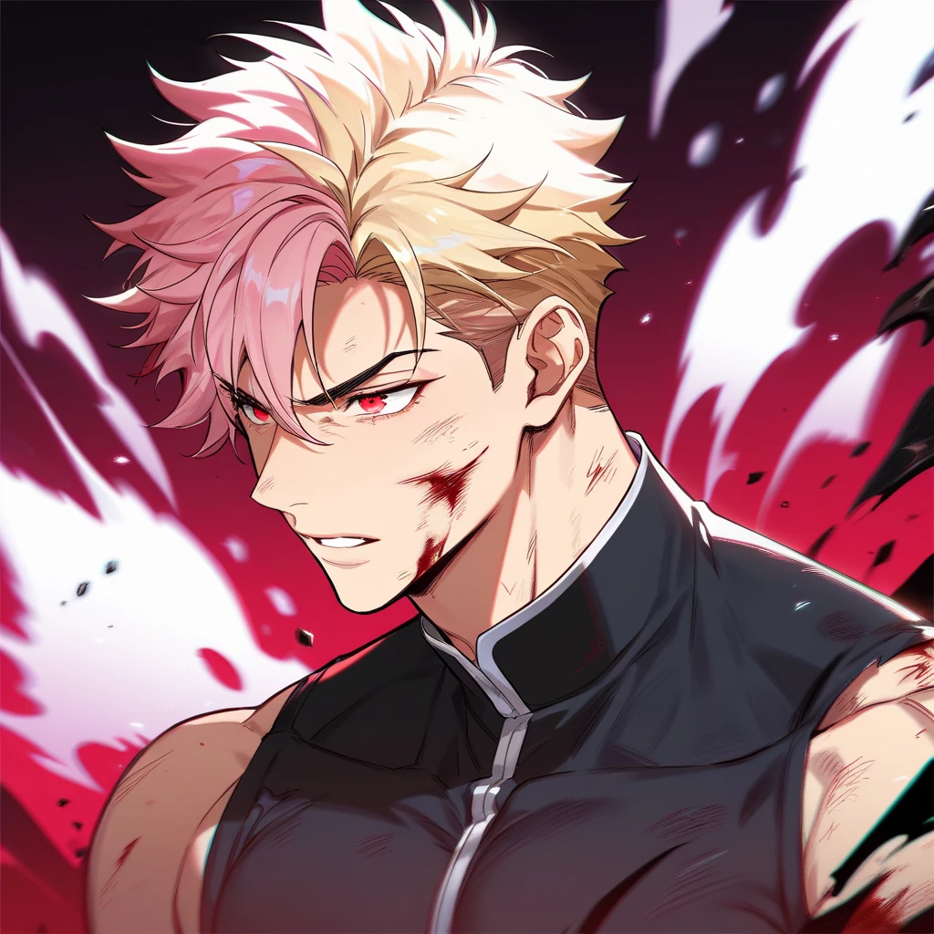 A middle aged man with bloody face cat ears and  fangs 