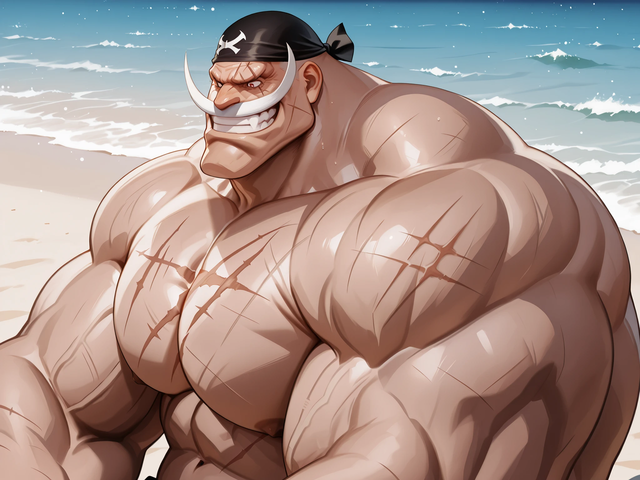 solo, huge muscular old man,(shirohige, black bandana, shirohige mustache, shirohige eyes, beardless:1.3, scar on ),  grin, ((shirtless, )), shorts, sunbathing, beach, big pec, very huge pectoral, side view, pec focus, happy, bald, very huge pectoral, detailed face:1.3, portrait, face focus, eyes, wide shoulder, thick arms, wide pectoral, muscle, short hair:1.2, masterpiece:1.2, semirealistic:1.2, high detailed, 8k, high resolution