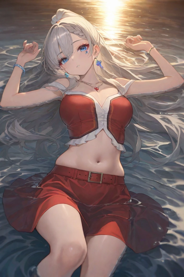 Beautiful fece, ​masterpiece, top-quality, hiqcgbody, animesque, 1girl in, Medium chest, The bikini, (transparent transparent red swimsuit), portrait shot, Look at viewers, Partially submerged, Outdoor pool, (silber hair),poneyTail,wetted skin, intricate detailes,>,((coverd)