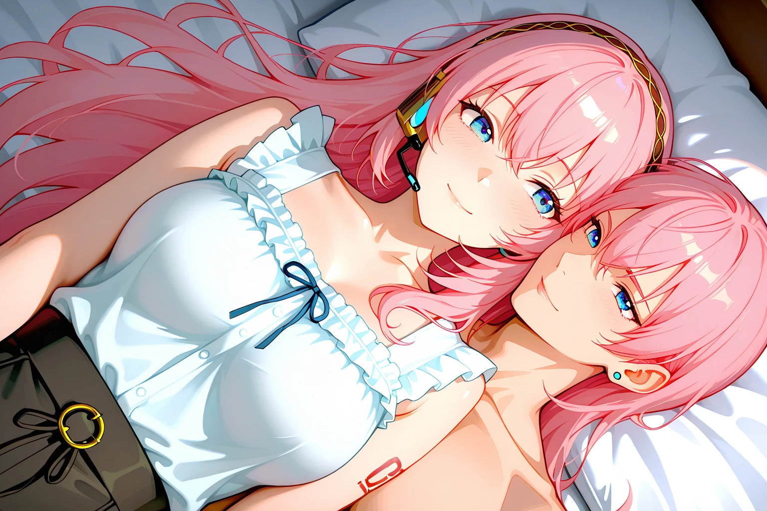2girls,A pink-haired,long whitr hair,mediuml breasts,Wear only a bra,Breast collision,Light panties