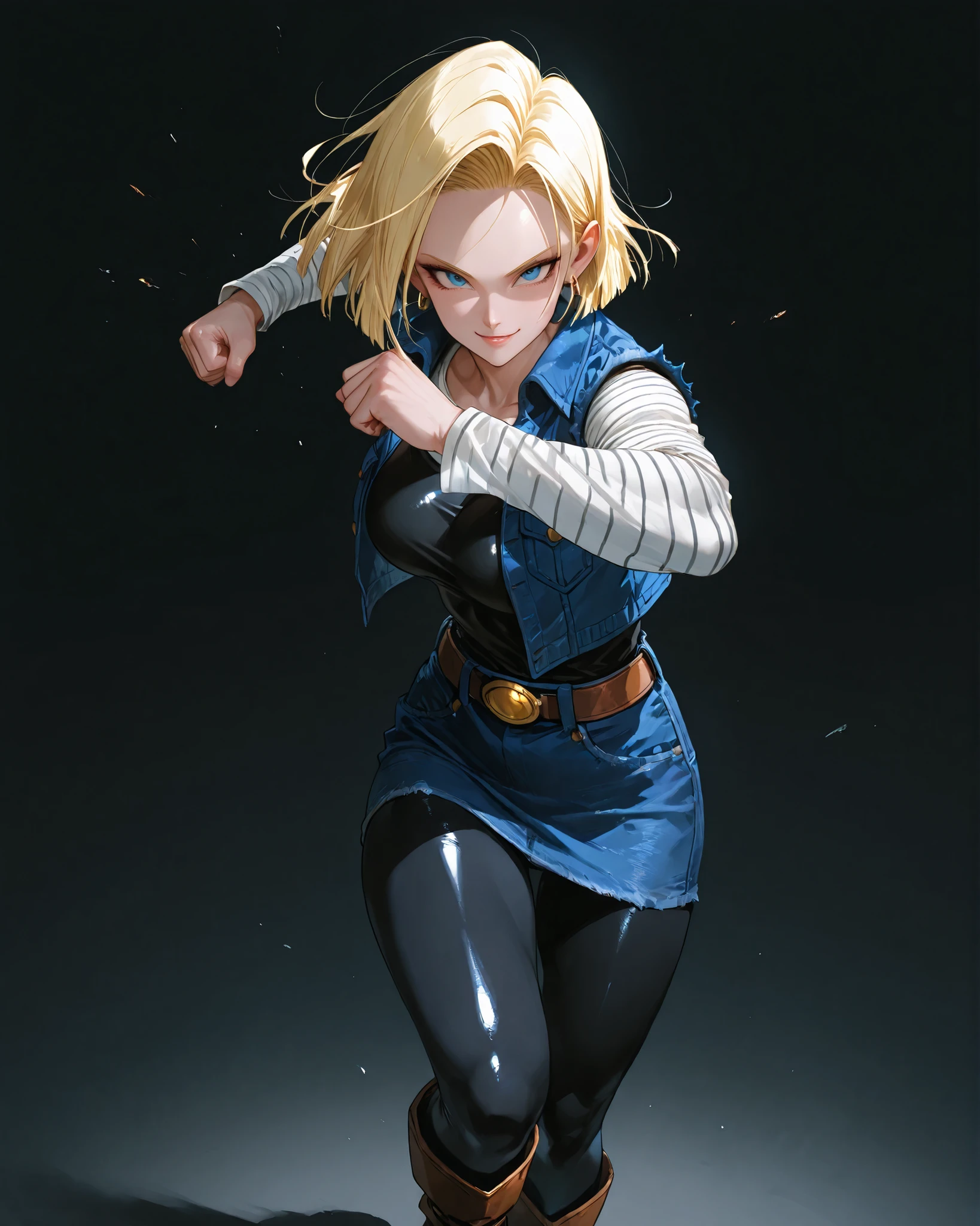closeup, Sluisap, eyes、usnr、GBF_style、748cmstyle、32K、Semi-realistic、 super detailed description 、Artwork、Original Works、 detailed color、 detailed eyes、 detailed lips 、 The Greatest Masterpiece、Professional work、normal Breasts、 sexy、 Dragon ball z character, Android 18 , Android 18, (Android 18:1.3 cosplay ) , dark background , cowboy shot, , full frame , full length , shiny body, sexy ,( full body view1:3), action pose, punching , full body view , blue eyes color , normal breast , looking at the viewer , smile , wearing a black tank top , sleeveless blue denim vest , (white long sleeve undershirt, with black horizontal stripes), blue denim mini skirt black full length , skin tight leggings, brown mid caff leather boots