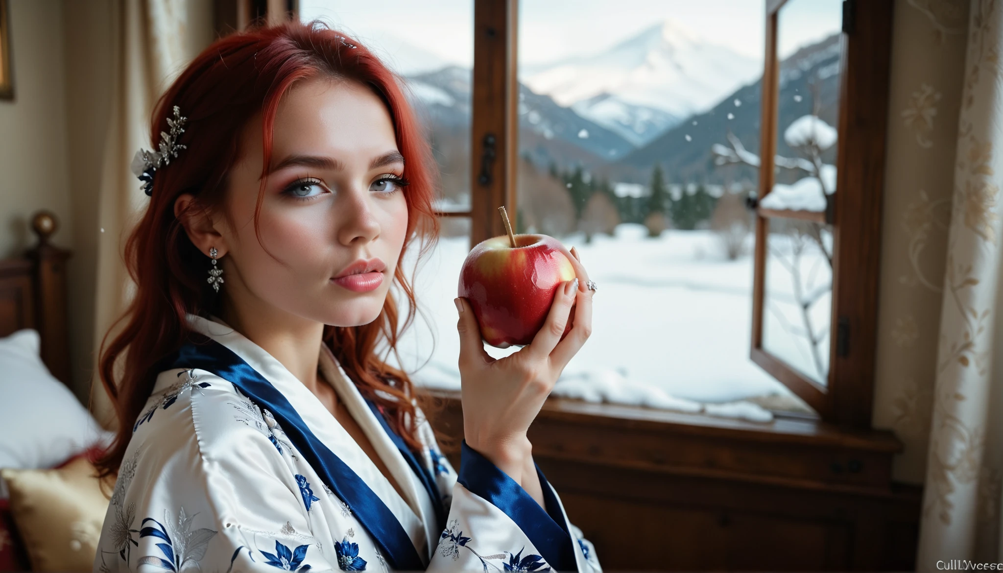 (((Super Close on a woman's face, totally facing the observer))), she is a beautiful red-haired WOMAN who is eating an apple with her right hand, Very close to the observer, An 18-year-old young woman, She is dressed in her dark blue silk robe with white prints, the model is in a bedroom with a large window with a snowy landscape , the room is all white and blurry