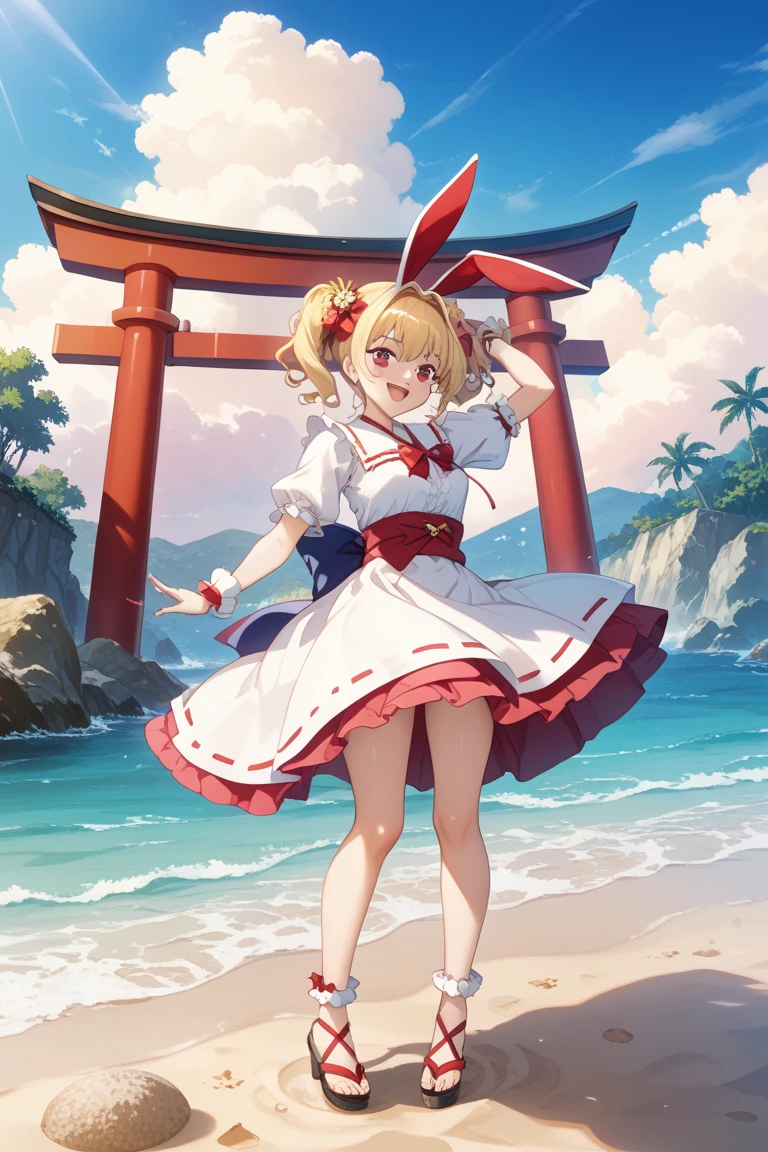 Masterpiece, best quality, konoha_yorihime, shiny_wine_red_eyes, moss_green_hair, hair_pins, small chest, bow_panties, wet, crotch seam, cameltoe, pantyshot, white shirt, blush, open mouth, outside, sky, day, ocean, perfect lighting, 1girl, solo, short sleeves, light clothes, upper body, close up face, wet, transparent