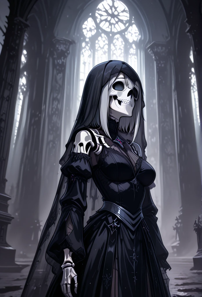 Create a frighteningly detailed and realistic depiction of the female hooded figure of Death. The scene is expected to feature a black silhouette with a skull on a face and a skeletal hand holding a menacing sickle. Esta figura sinistra deve ter como pano de fundo uma noite nebulosa iluminada pela luz fria da lua. A imagem deve exalar uma atmosfera sinistra e arrepiante. Use Octane rendering to capture realistic textures and lighting. The resolution should be an impressive 8K, ensuring extraordinary clarity and precision in portraying the sinister aspect of Death.