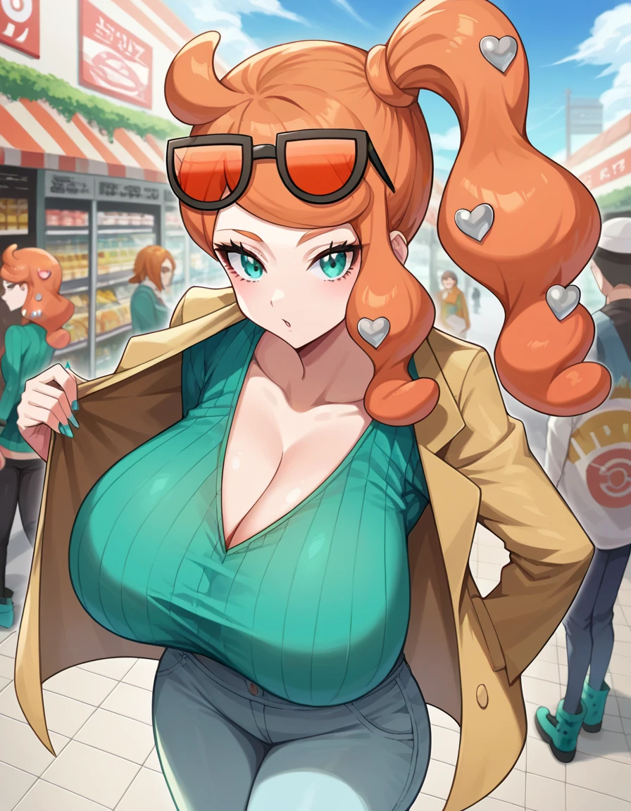 1 woman, wavy orange hair, green eyes , sly face , glasses , white tank top , black panties , abdomen, big breasts , Put your hands on your hips. , convenience store