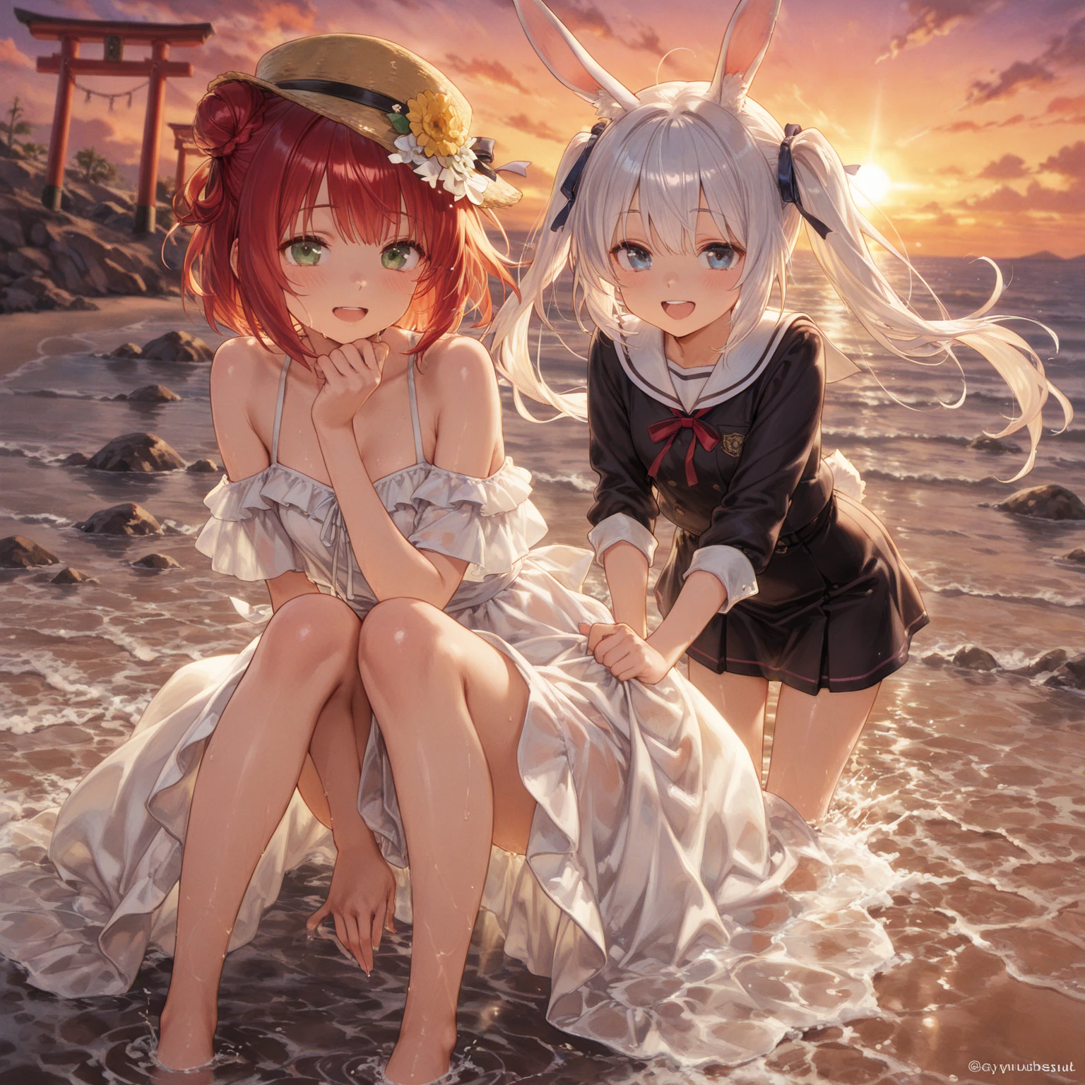 (Two Little Girls), (A Cute Little Girl), (Another Cute Little Girl), Wavy Hair, Long Hair, (Flower Headdress), Heart-shaped Earrings, (Eyes as Jewels as Shining), Innocence, (Seaside), Short Sleeves, (Young), (White Skin), (Slender Body), (White Stockings), (Hat), (Bow), (Sit Together), Cute Cute , cute cute cute cute cute cute, little girl, (small), cg, (short), (tsundere), cute cute, cute, cute, cute, cute, little girl, little girl, little girl, (two little girls), (two little girls), (two people), (two people), (two people), ((navel))