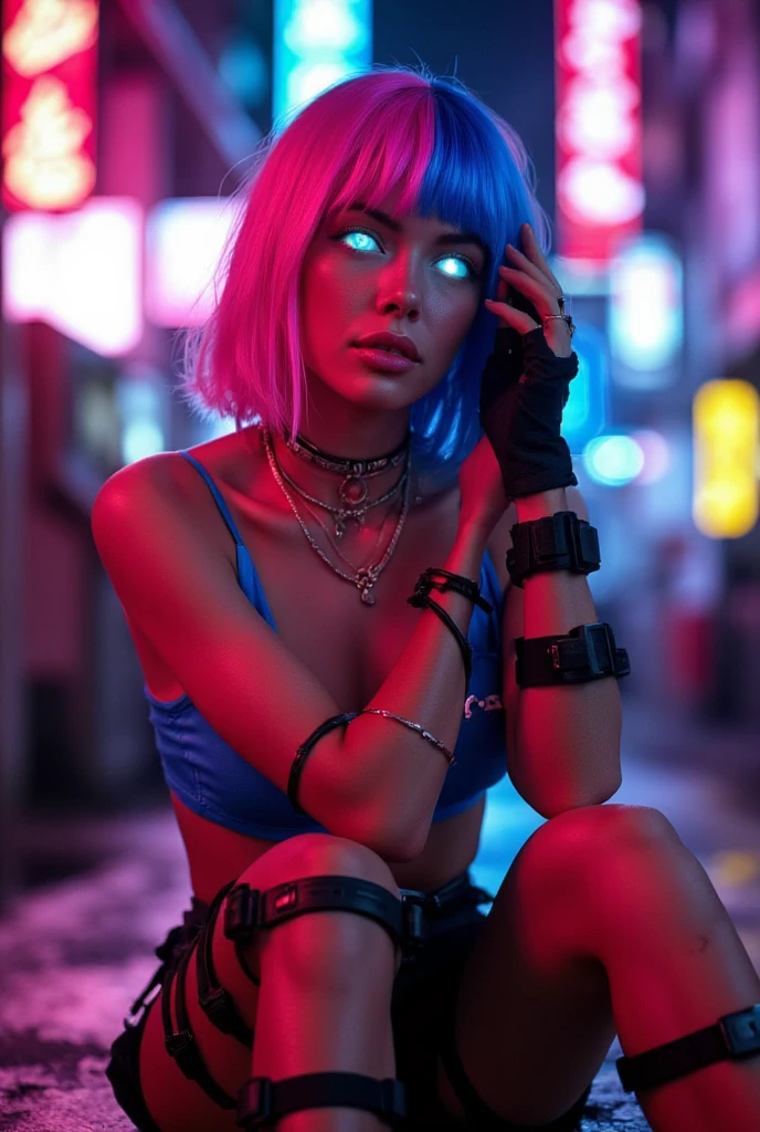A cyberpunk girl with 80s style neon hair, retro video game aesthetic, nostalgic arcade cabinet, bright neon colors, dynamic pose, highly detailed, photorealistic, 8k, HDR, cinematic lighting, vibrant