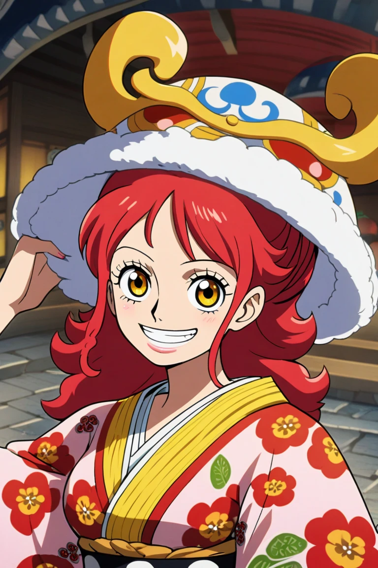 1girl, solo, orange hair, angry, hair ornament, nami (one piece), tattoo, long hair, flower, hair flower, japanese clothes, clenched teeth, teeth, kimono, injury, brown eyes, ((medium quality)), ((medium quality))