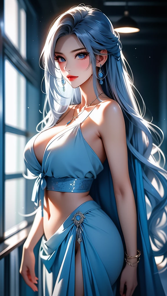 (Young woman with blue hair and violet eyes, with a beautiful sculptural body. She wears a long and delicate white dress, which reveals her generous curves. Her face is flushed and her expression is shy, but her eyes shine with desire. When she As she walks, her dress billows gently, causing her full breasts and rounded hips to sway subtly and gracefully. She appears nervous, but her walk is elegant and graceful.)